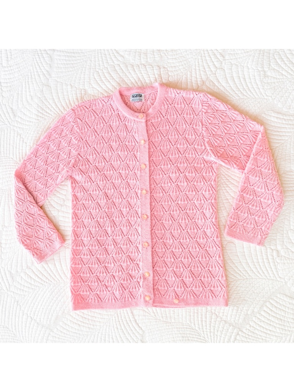 VTG 70s Pink Pointelle Cardigan Coquette Cottagecore Grandmacore Dollette Sz S